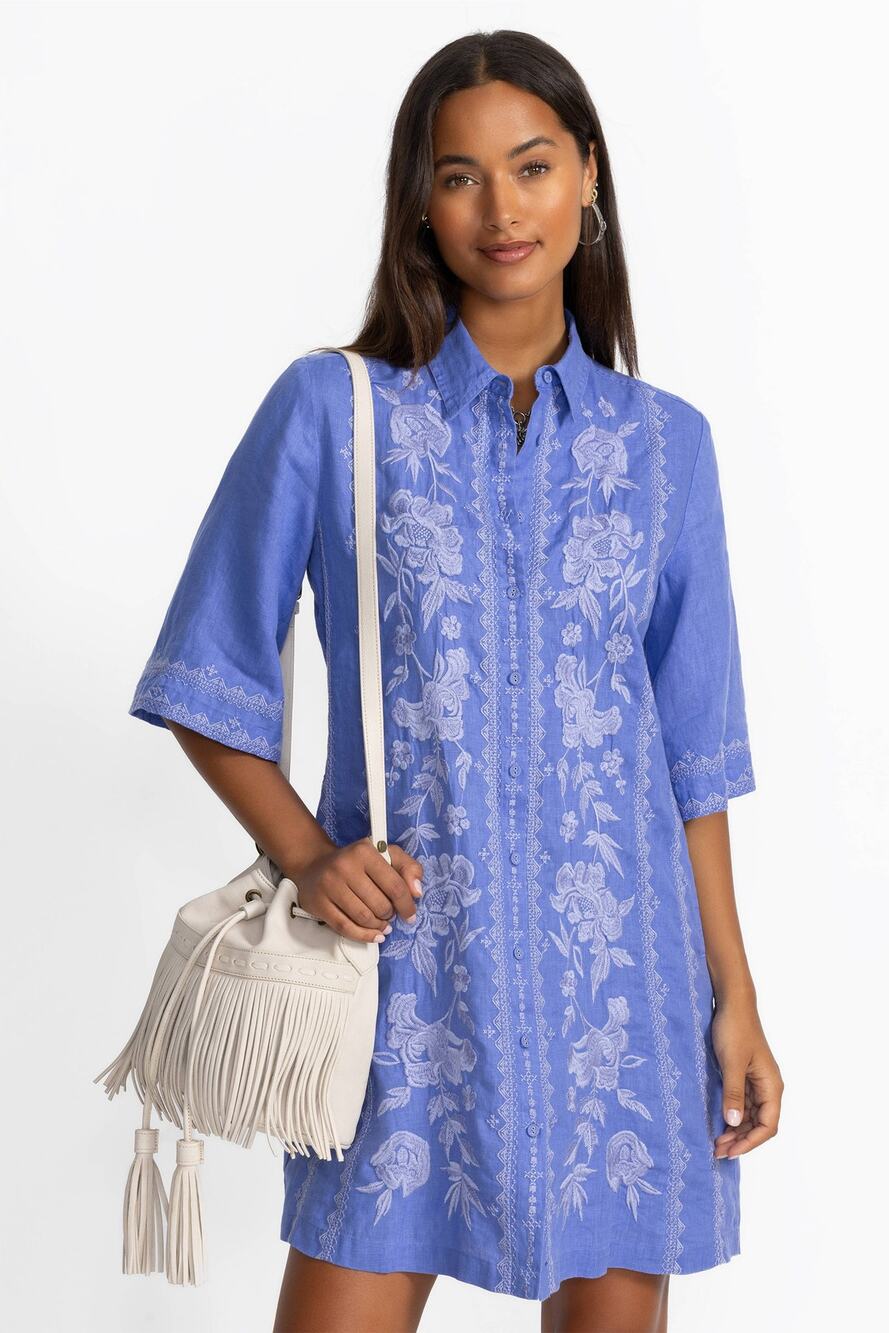 Johnny Was Blue Kimono Sleeve Linen Shirt Dress Medium M
